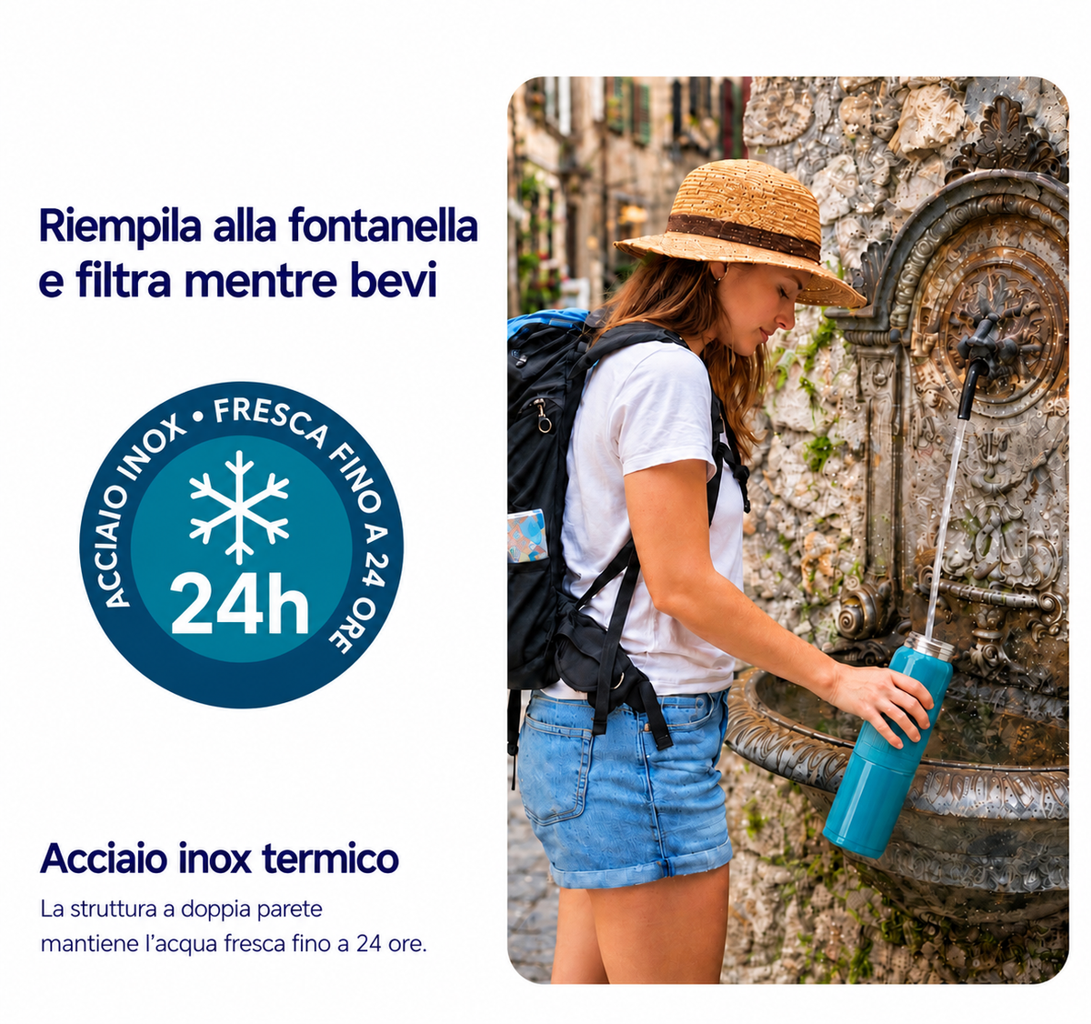 T.C.F. CommercialForge Borraccia Termica Filtrante 500ml con Filtro da 150L, Acciaio Inox a Doppia Parete, Mantiene l' Acqua Fredda fino a 24 Ore