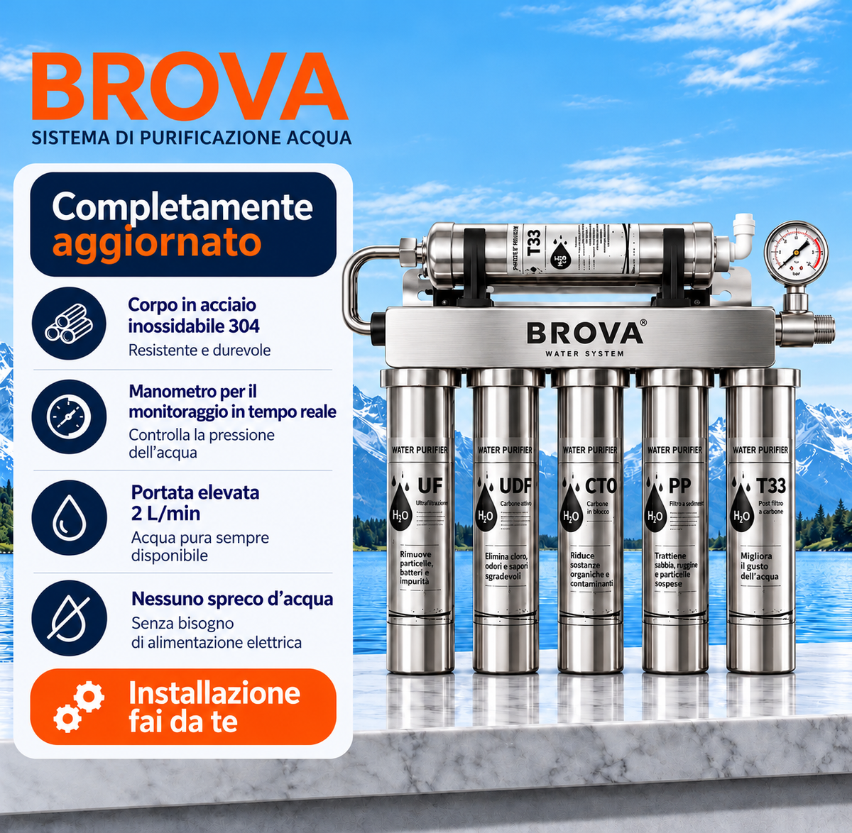 T.C.F. CommercialForge Purificatore d' acqua 5 stadi montato frontalmente, un filtro per acqua robusto e affidabile, filtrazione a 5 stadi che filtra efficacemente l' acqua del rubinetto
