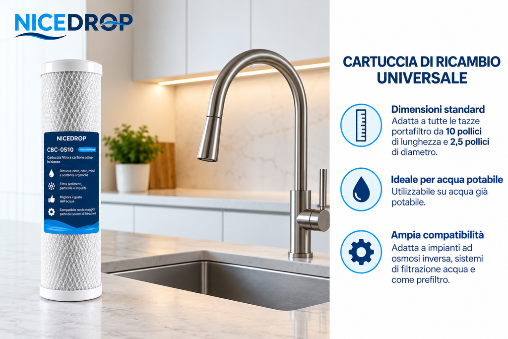 T.C.F. CommercialForge Filtro Acqua Carbon Block - Rimuove Cloro, Odori e Impurutà - Installazione Facile per Sistemi di Filtrazione Acqua Domestica
