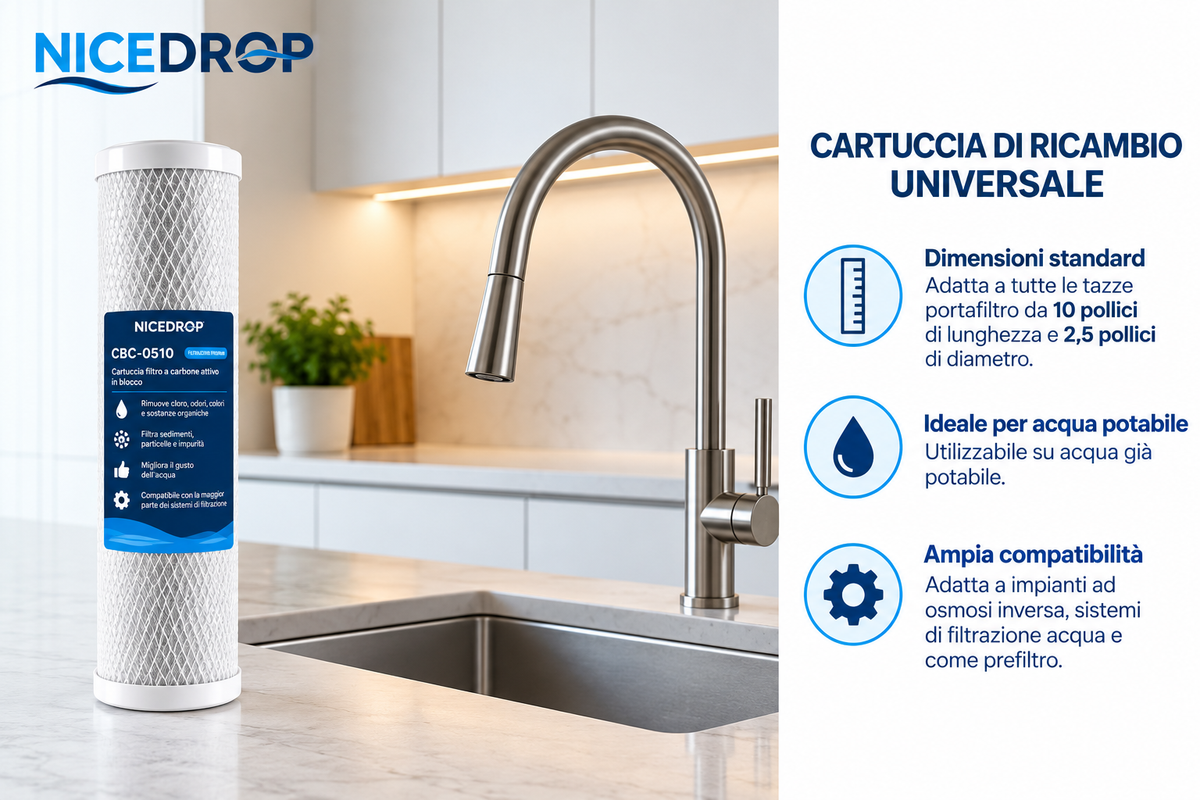 T.C.F. CommercialForge Filtro Acqua Carbon Block - Rimuove Cloro, Odori e Impurutà - Installazione Facile per Sistemi di Filtrazione Acqua Domestica