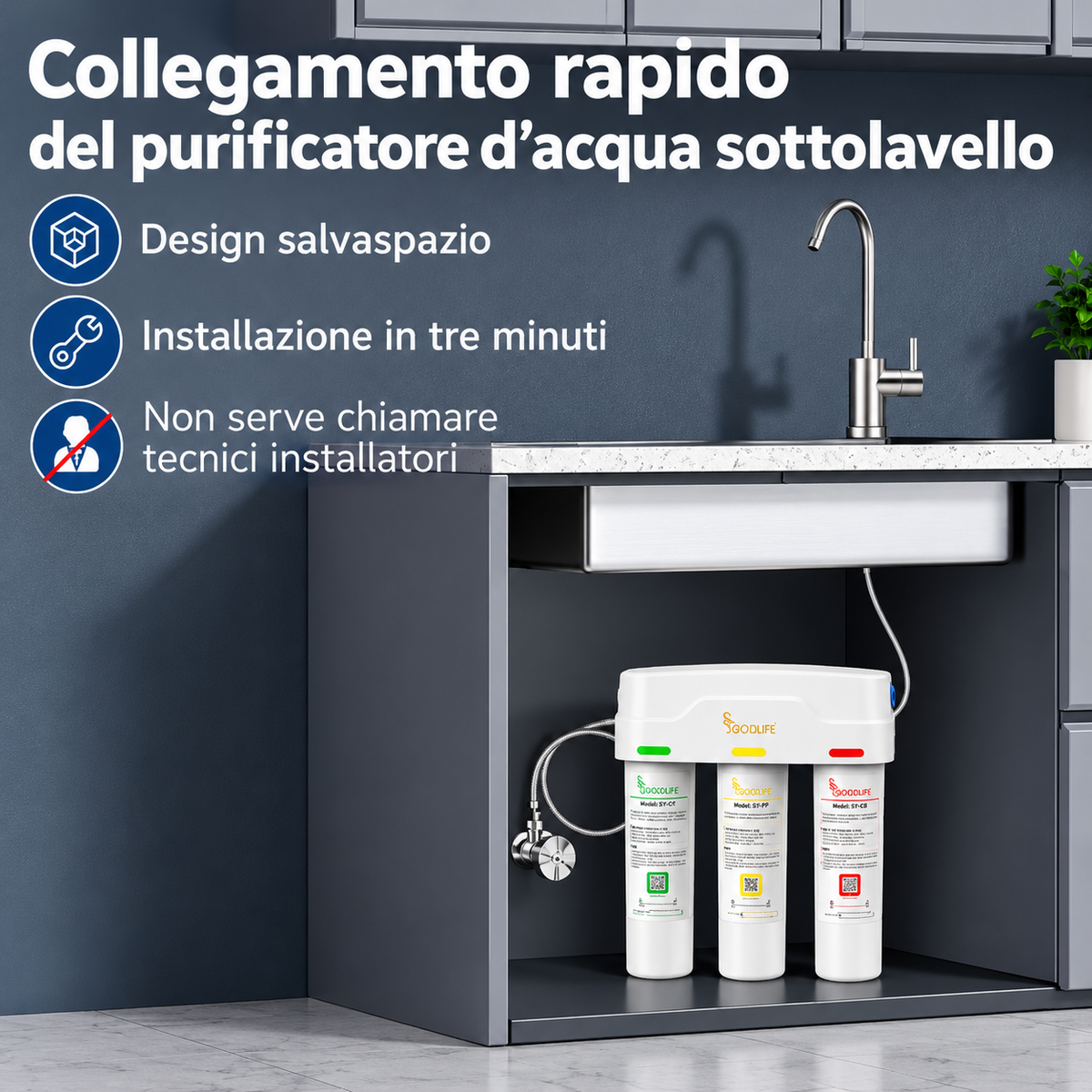 T.C.F. CommercialForge Sistema Filtro Acqua a 3 Stadi per Sotto Lavello, Riduce Fluoro, Cloro, Cattivo Sapore e Odore, e Alcuni Metalli Pesanti, Certificato NSF42