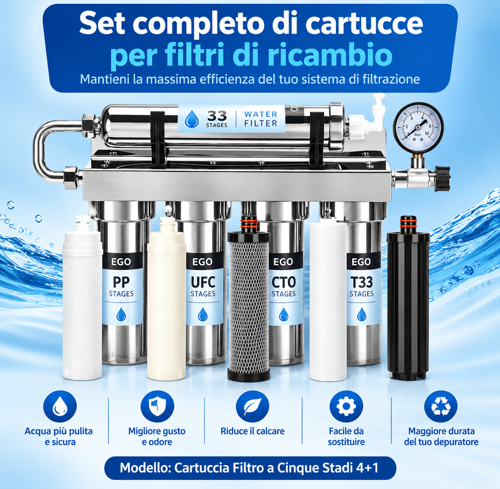 T.C.F. CommercialForge Set completo di cartucce filtranti a cinque stadi, cartuccia filtrante in acciaio inox, cartuccia filtrante per purificatore d' acqua a ultrafiltrazione a cinque stadi in acciaio inox