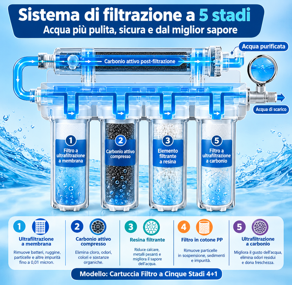 T.C.F. CommercialForge Set completo di cartucce filtranti a cinque stadi, cartuccia filtrante in acciaio inox, cartuccia filtrante per purificatore d' acqua a ultrafiltrazione a cinque stadi in acciaio inox