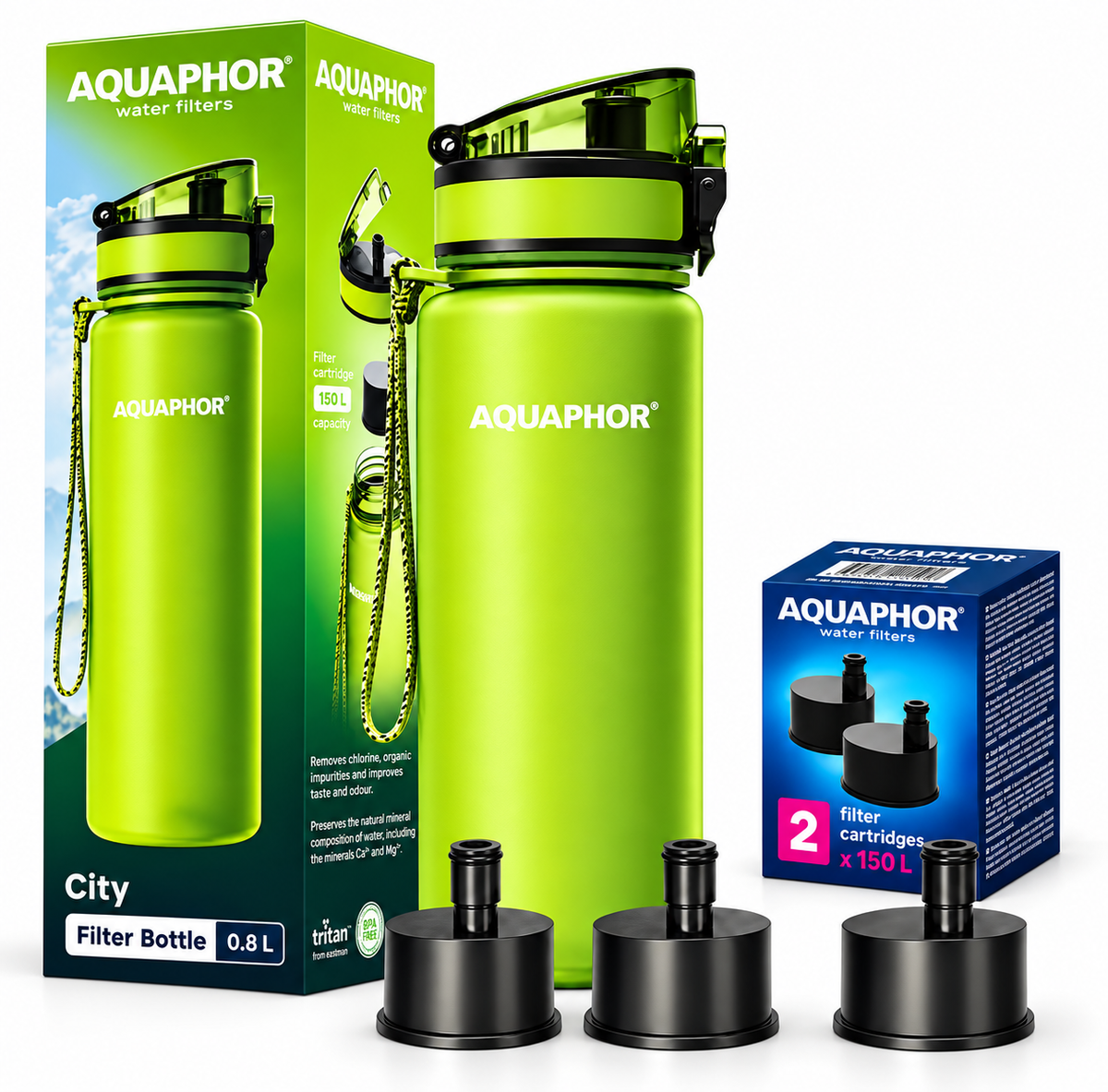 T.C.F. CommercialForge Borraccia Filtrante 500ml con 3 Cartucce (1 inclusa + 2 di Ricambio), Capacità Totale fino a 450L