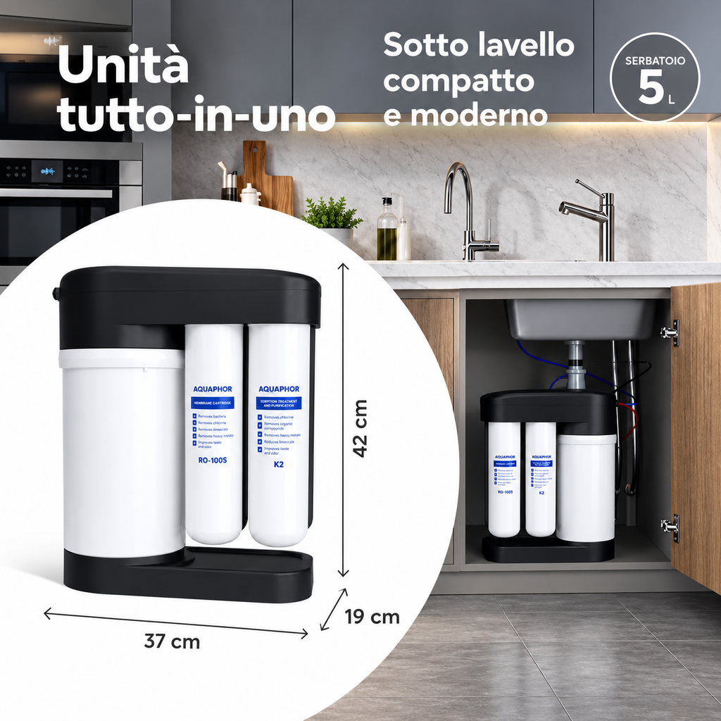 T.C.F. CommercialForge Depuratore a Osmosi Inversa Sottolavello, 380L/Giorno, serbatoio Integrato 5L, Mineralizzazione Mg/Ca, Rubinetto incluso