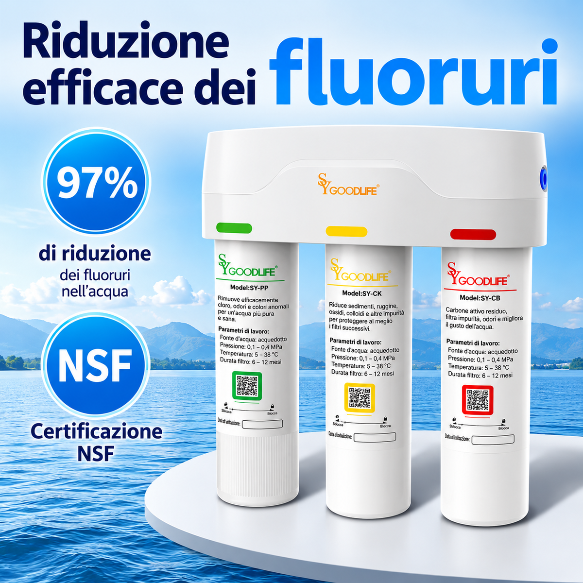 T.C.F. CommercialForge Sistema Filtro Acqua a 3 Stadi per Sotto Lavello, Riduce Fluoro, Cloro, Cattivo Sapore e Odore, e Alcuni Metalli Pesanti, Certificato NSF42