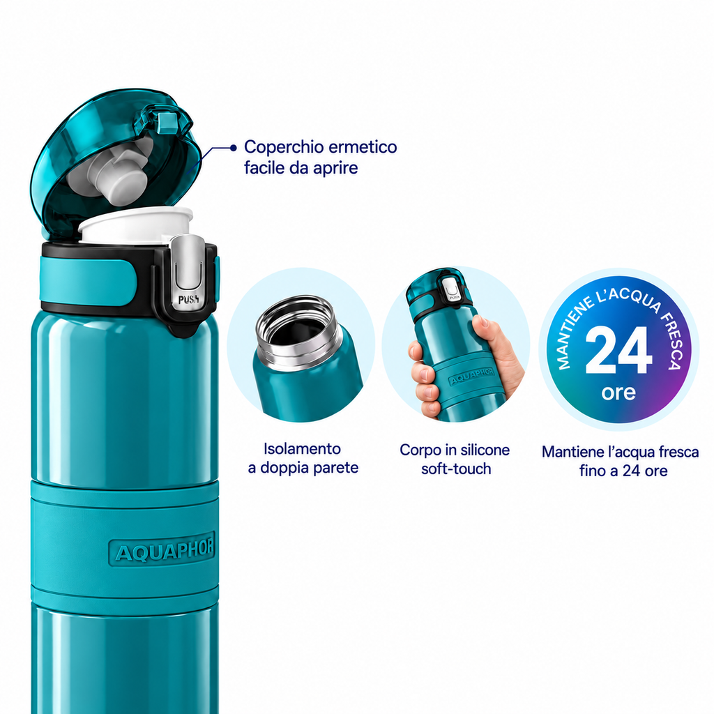 T.C.F. CommercialForge Borraccia Termica Filtrante 500ml con Filtro da 150L, Acciaio Inox a Doppia Parete, Mantiene l' Acqua Fredda fino a 24 Ore