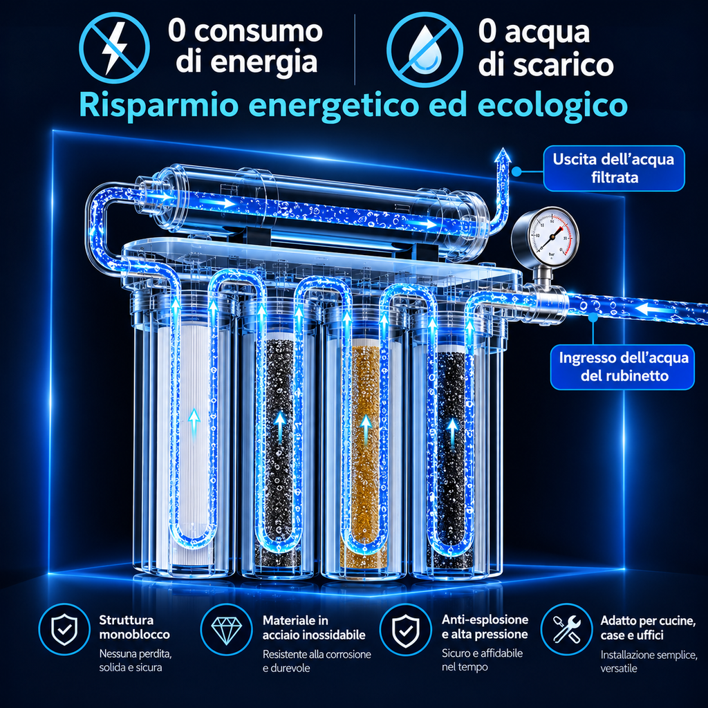 T.C.F. CommercialForge Purificatore d' acqua 5 stadi montato frontalmente, un filtro per acqua robusto e affidabile, filtrazione a 5 stadi che filtra efficacemente l' acqua del rubinetto