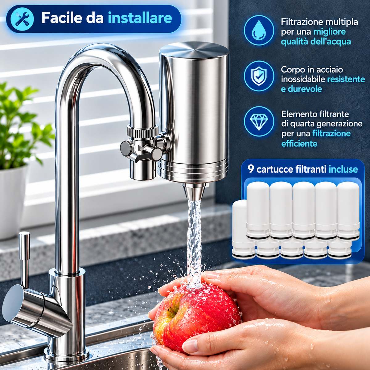T.C.F. CommercialForge Filtro Acqua per Rubinetto Domestico con Cartuccia Filtro in Ceramica, Sistema di Filtrazione Multistrato, Include 9 Filtri Sostituibili per una Pulizia Durevole dell' Acqua del rubinetto