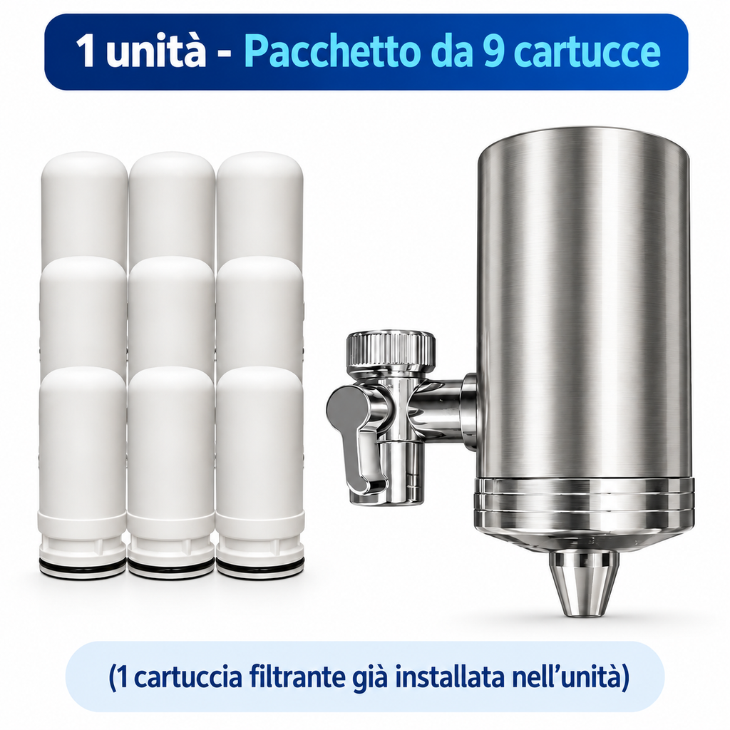 T.C.F. CommercialForge Filtro Acqua per Rubinetto Domestico con Cartuccia Filtro in Ceramica, Sistema di Filtrazione Multistrato, Include 9 Filtri Sostituibili per una Pulizia Durevole dell' Acqua del rubinetto